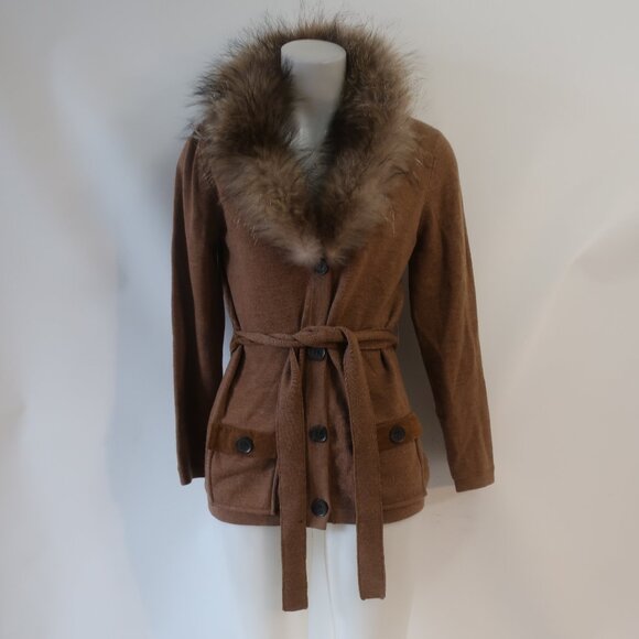Womens Minnie Rose Brown Merino Wool Blend Racoon Fur Collar Cardigan Sweater M - Picture 1 of 13